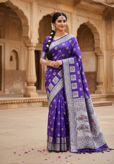 Royal Blue Zari Weaving Silk Saree Set