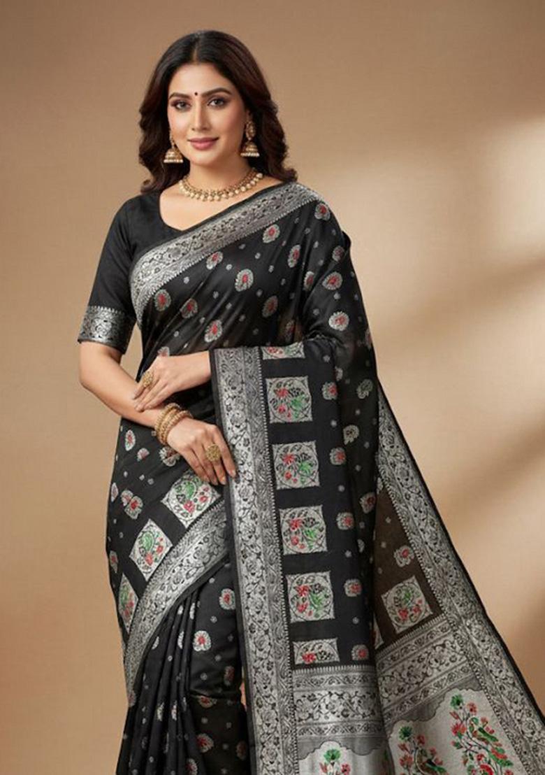 Black Zari Weaving Silk Saree Set - Indya
