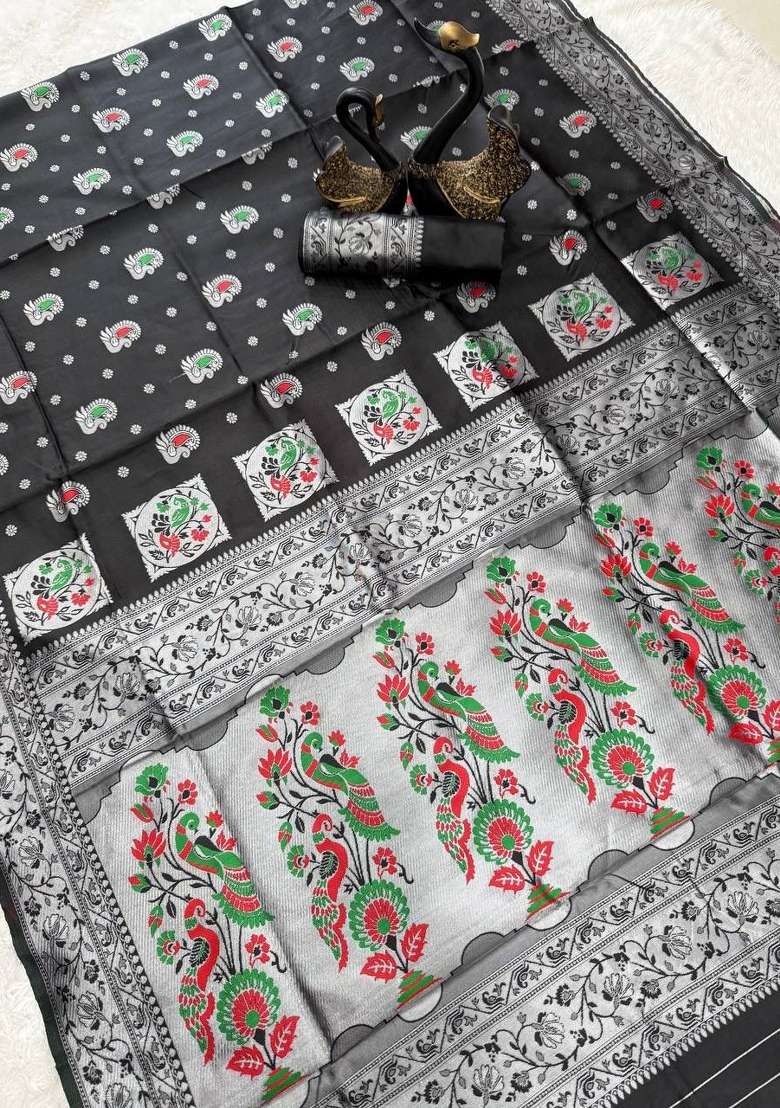 Black Zari Weaving Silk Saree Set for Diwali | Wedding & Festive Wear - Indya
