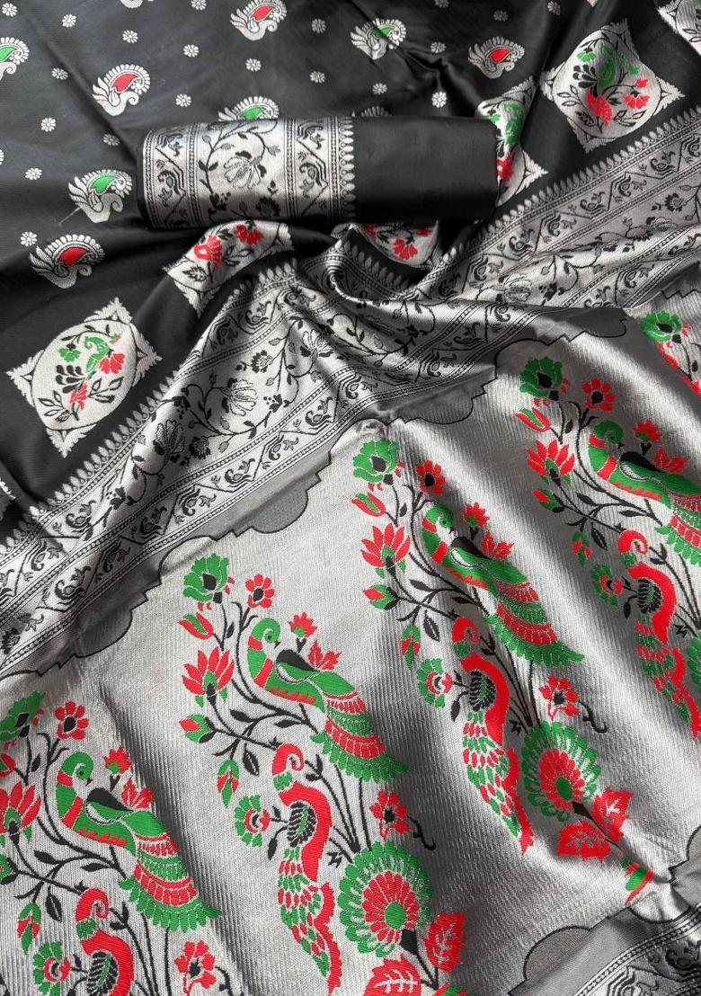 Black Zari Weaving Silk Saree Set - Indya