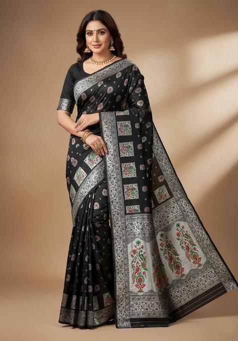 Black Zari Weaving Silk Saree Set