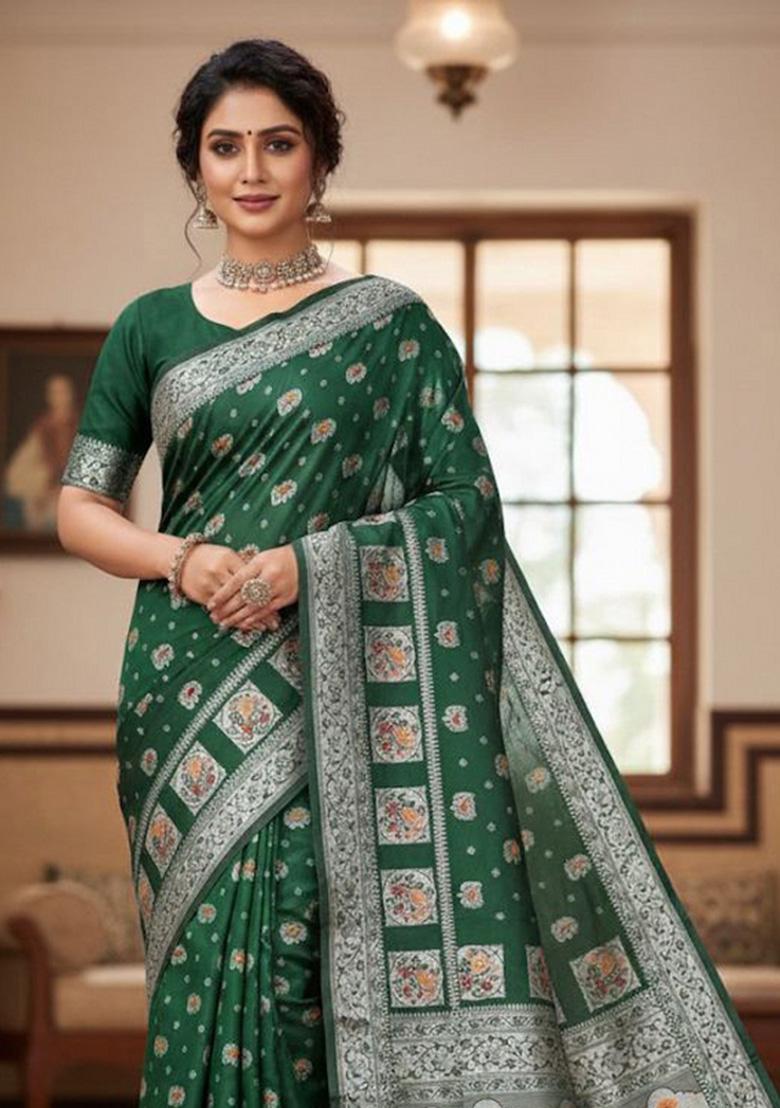 Green Zari Weaving Silk Saree Set - Indya