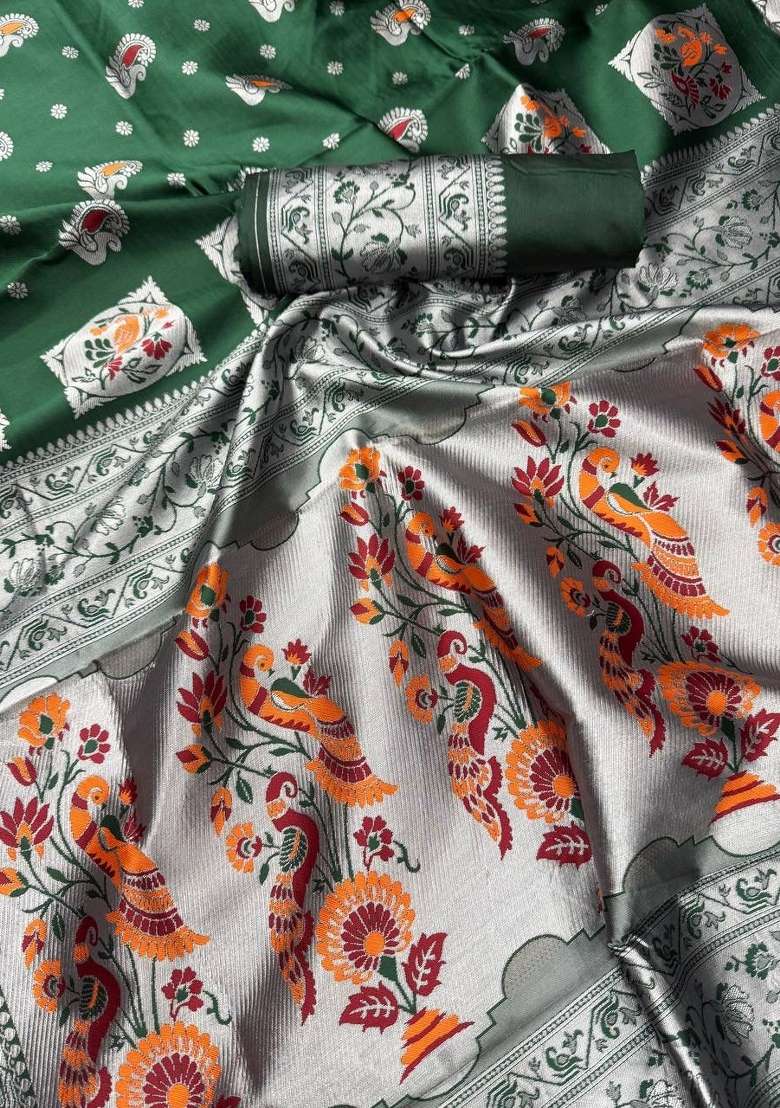 Green Zari Weaving Silk Saree Set for Diwali | Wedding & Festive Wear - Indya