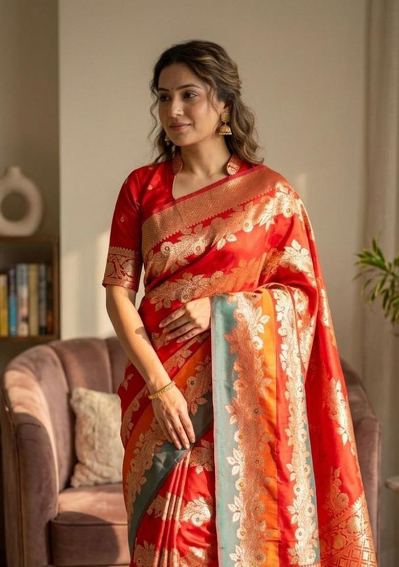 Multicolor Zari Weaving Banarasi Saree Set - Indya