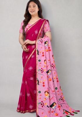 Red Printed Cotton Saree Set