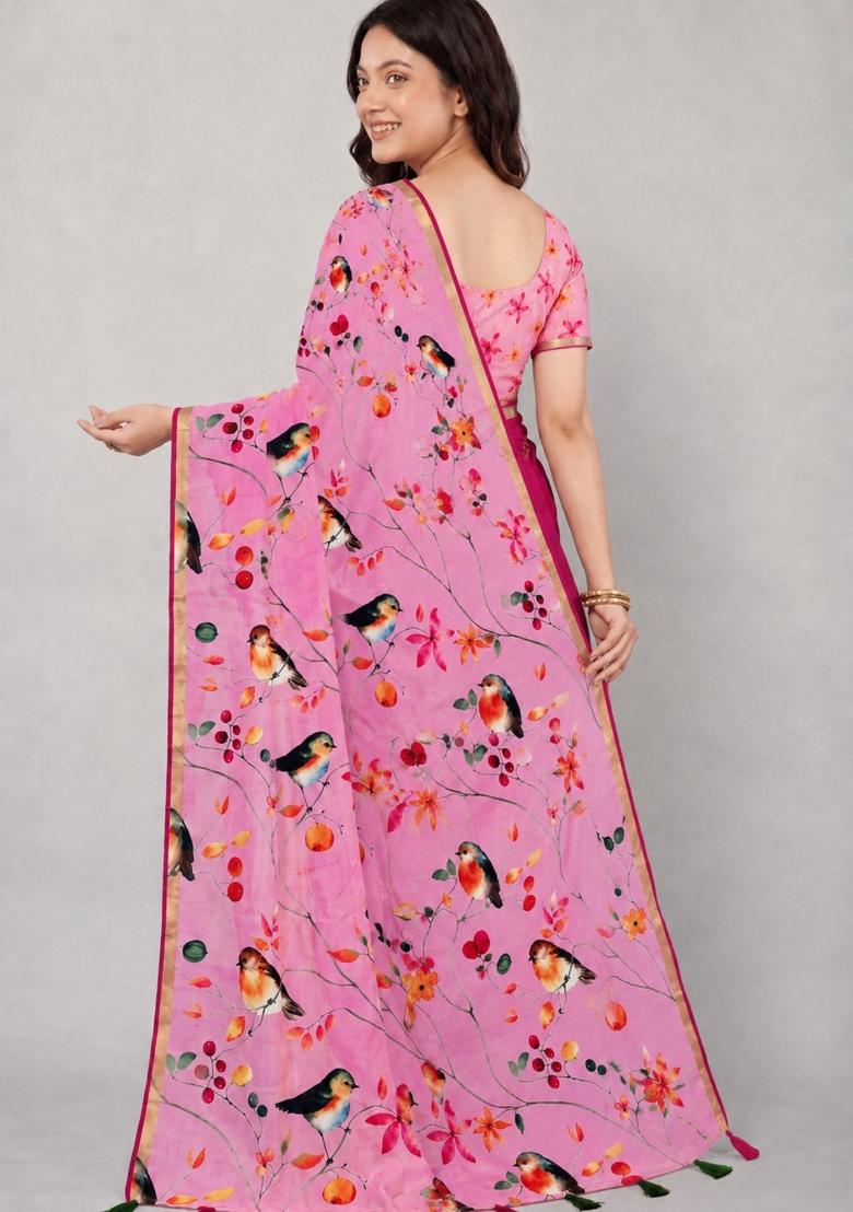 Red Printed Cotton Saree Set - Indya