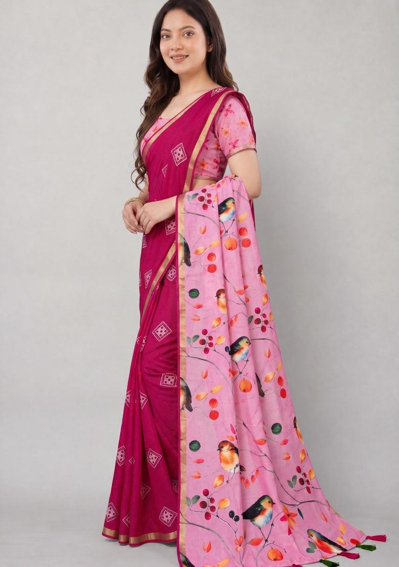 Red Printed Cotton Saree Set - Indya