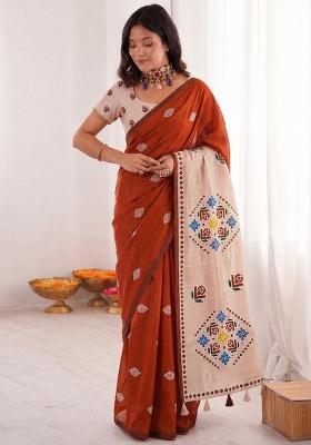 Brown Printed Cotton Saree Set
