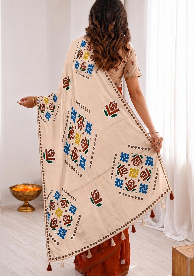 Brown Printed Cotton Saree Set - Indya