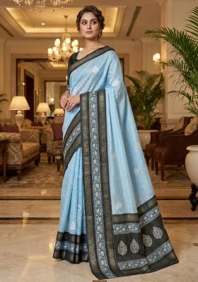 Light Blue Printed Silk Saree Set