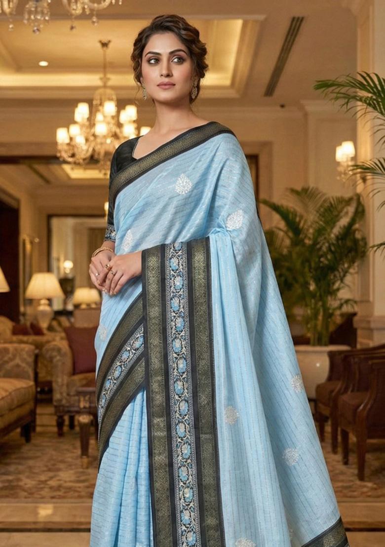 Light Blue Printed Silk Saree Set - Indya