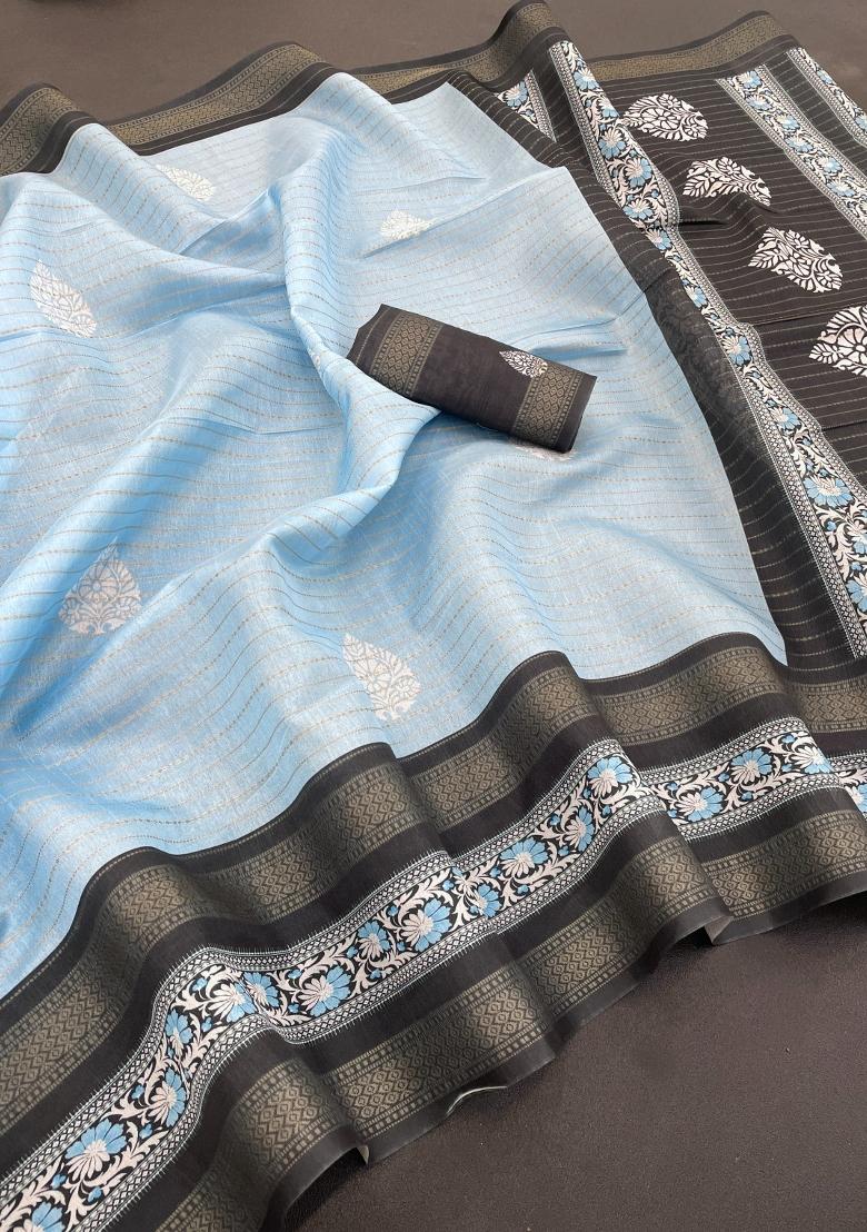 Light Blue Printed Silk Saree Set - Indya