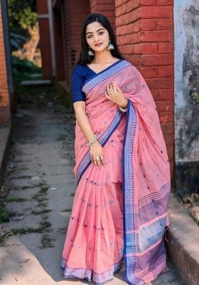 Pink Printed Linen Saree Set