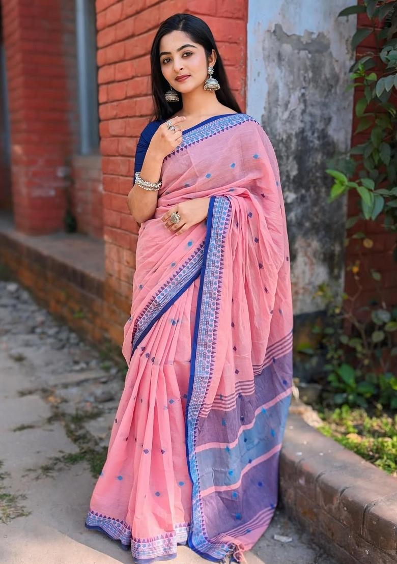 Pink Printed Linen Saree Set - Indya