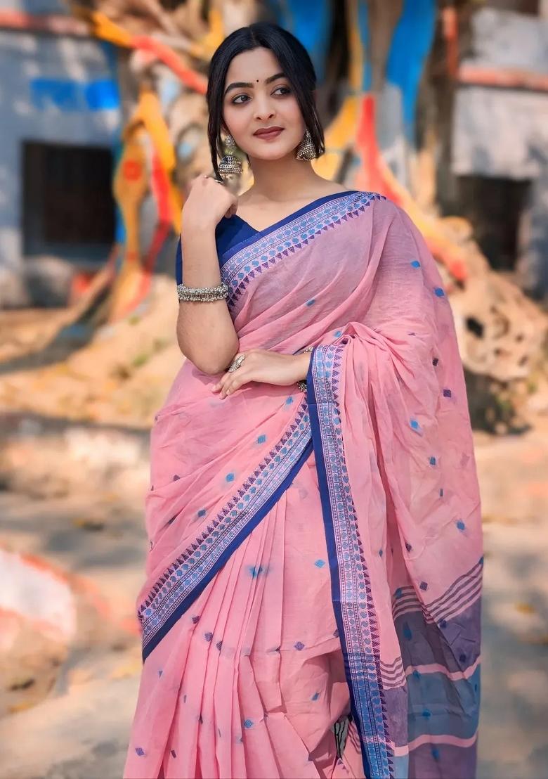 Pink Printed Linen Saree Set - Indya