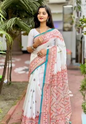 White Printed Linen Saree Set