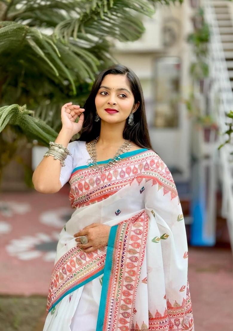 White Printed Linen Saree Set - Indya