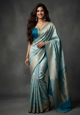 Light Blue Zari Work Banarasi Saree Set