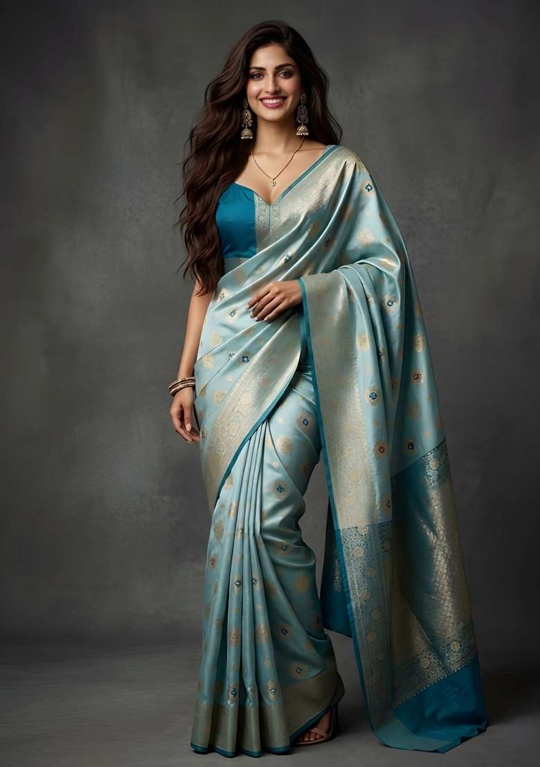 Light Blue Banarasi Saree Set with Zari Work for Diwali | Wedding & Festive Wear - Indya