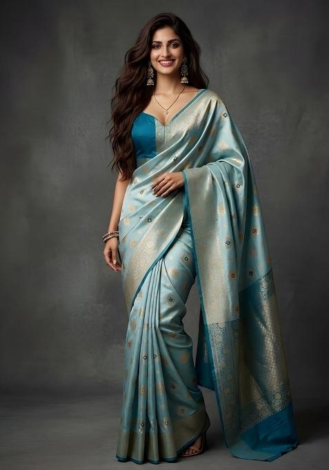 Light Blue Zari Work Banarasi Saree Set