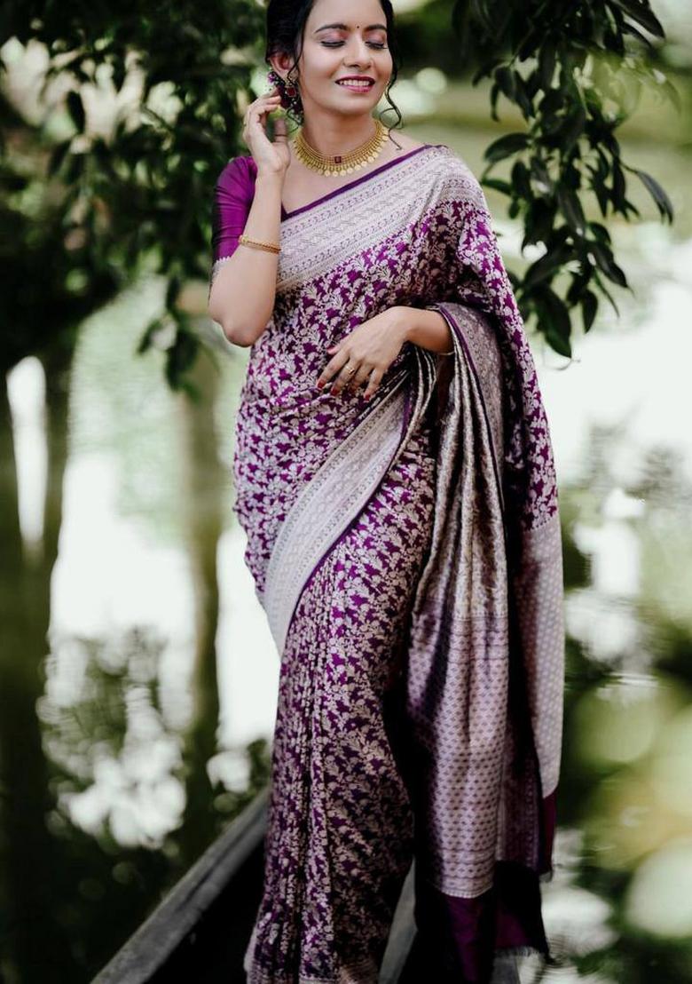 Purple Zari Weaving Silk Saree Set - Indya