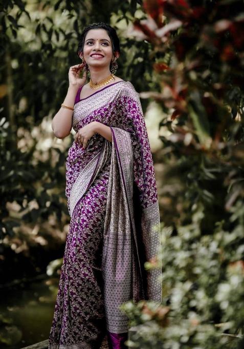Purple Zari Weaving Silk Saree Set