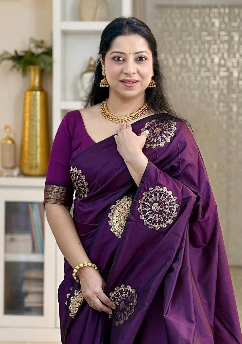 Purple Zari Weaving Silk Saree Set - Indya