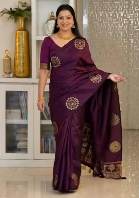 Purple Zari Weaving Silk Saree Set
