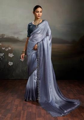 Grey Embroidery Satin Saree Set