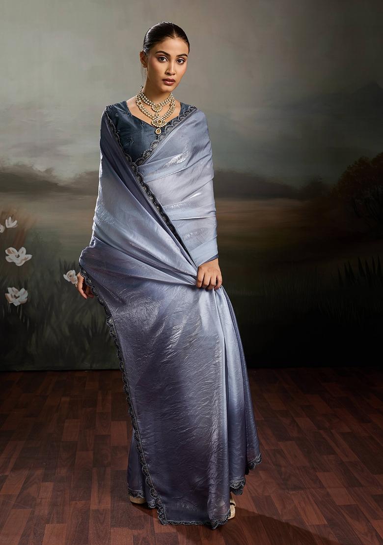 Grey Embroidery Satin Saree Set - Indya