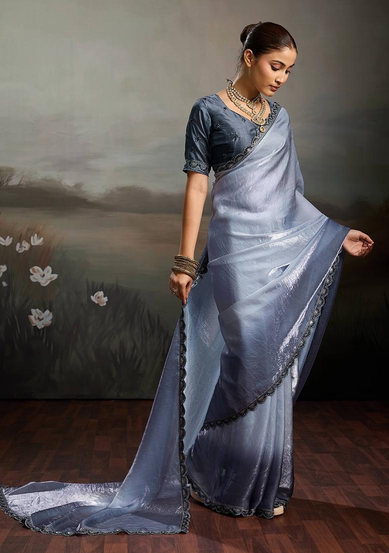 Grey Embroidery Satin Saree Set - Indya
