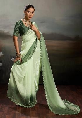Green Embroidery Satin Saree Set