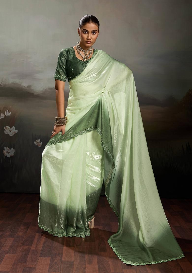 Green Embroidery Satin Saree Set - Indya