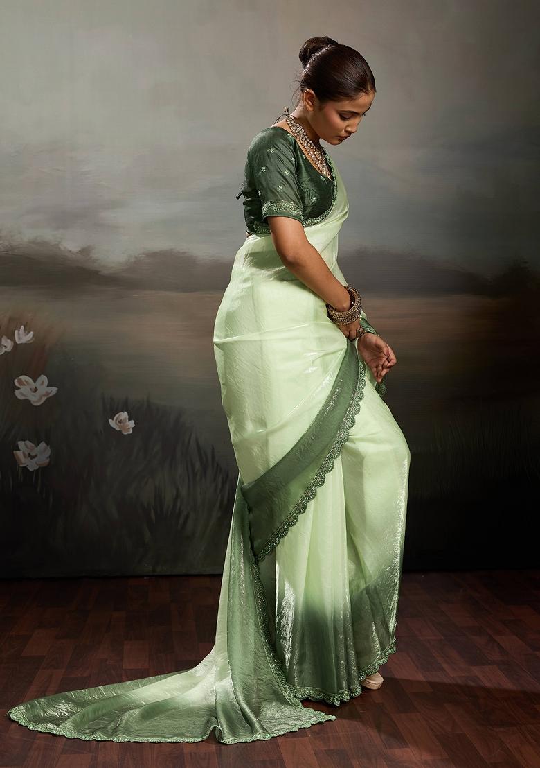 Green Embroidery Satin Saree Set - Indya