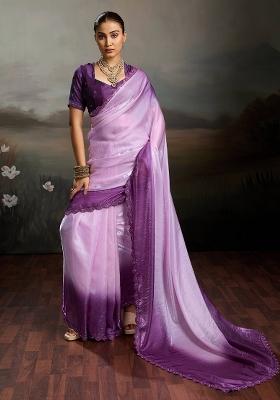 Lavender Embroidery Satin Saree Set