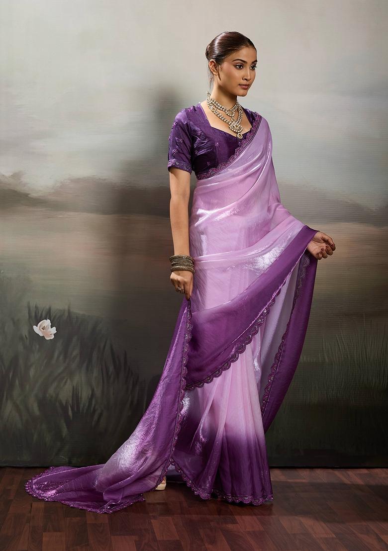 Lavender Embroidery Satin Saree Set - Indya