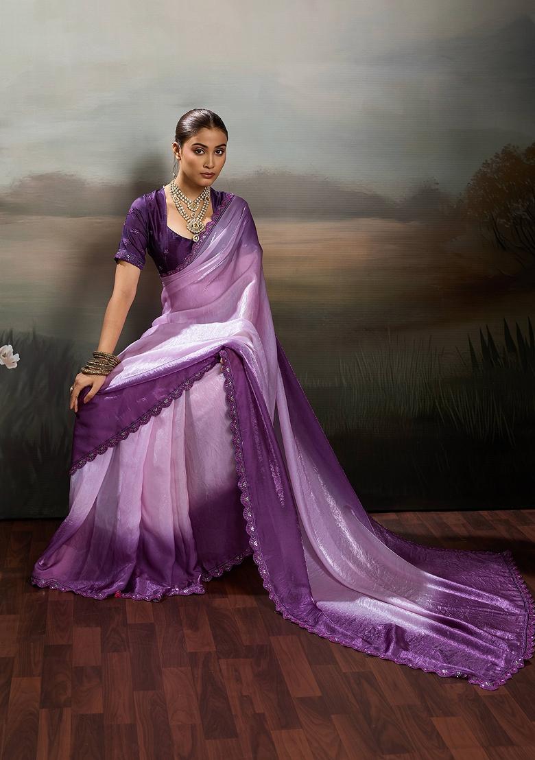 Lavender Embroidery Satin Saree Set - Indya