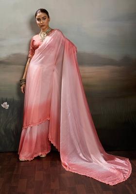 Rose Pink Embroidery Satin Saree Set