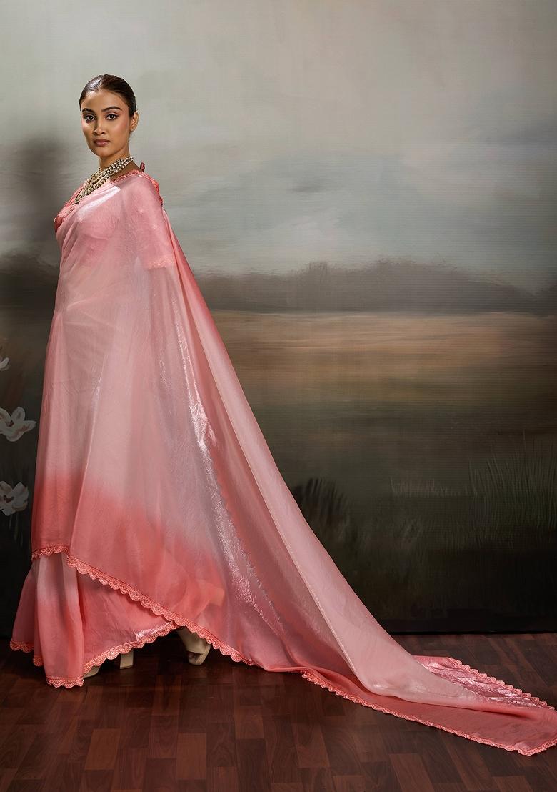 Rose Pink Embroidery Satin Saree Set - Indya