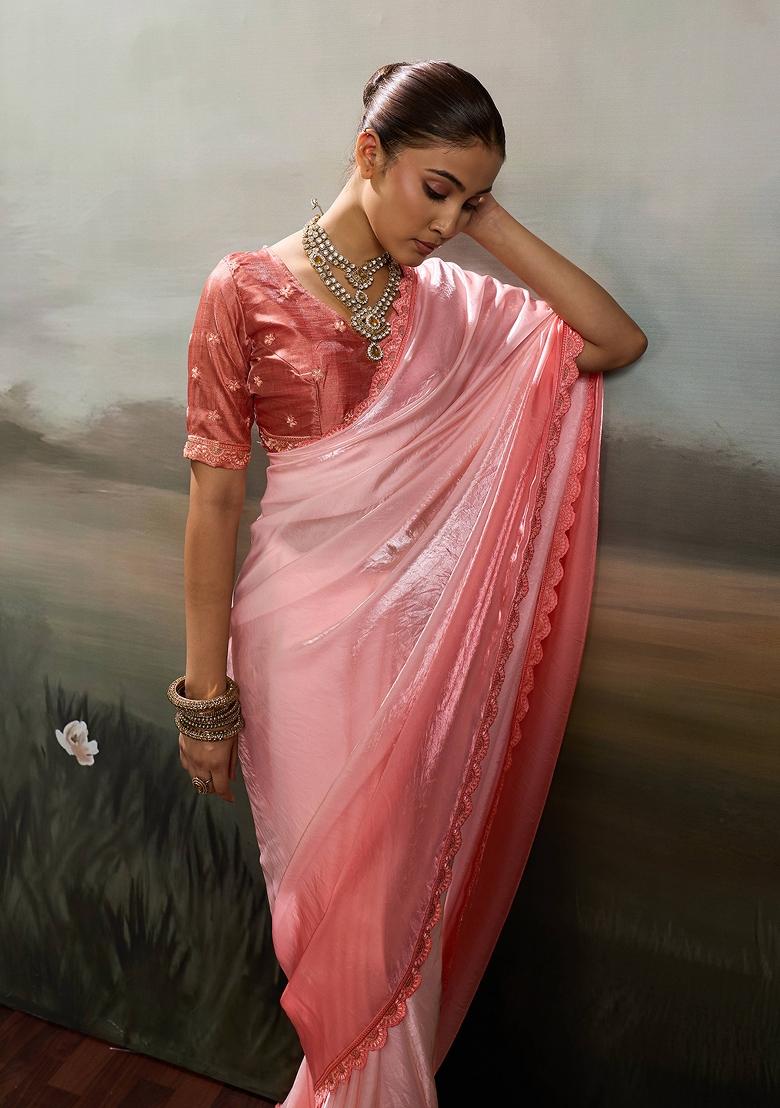 Rose Pink Embroidery Satin Saree Set - Indya