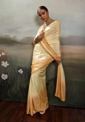 Yellow Embroidery Satin Saree Set