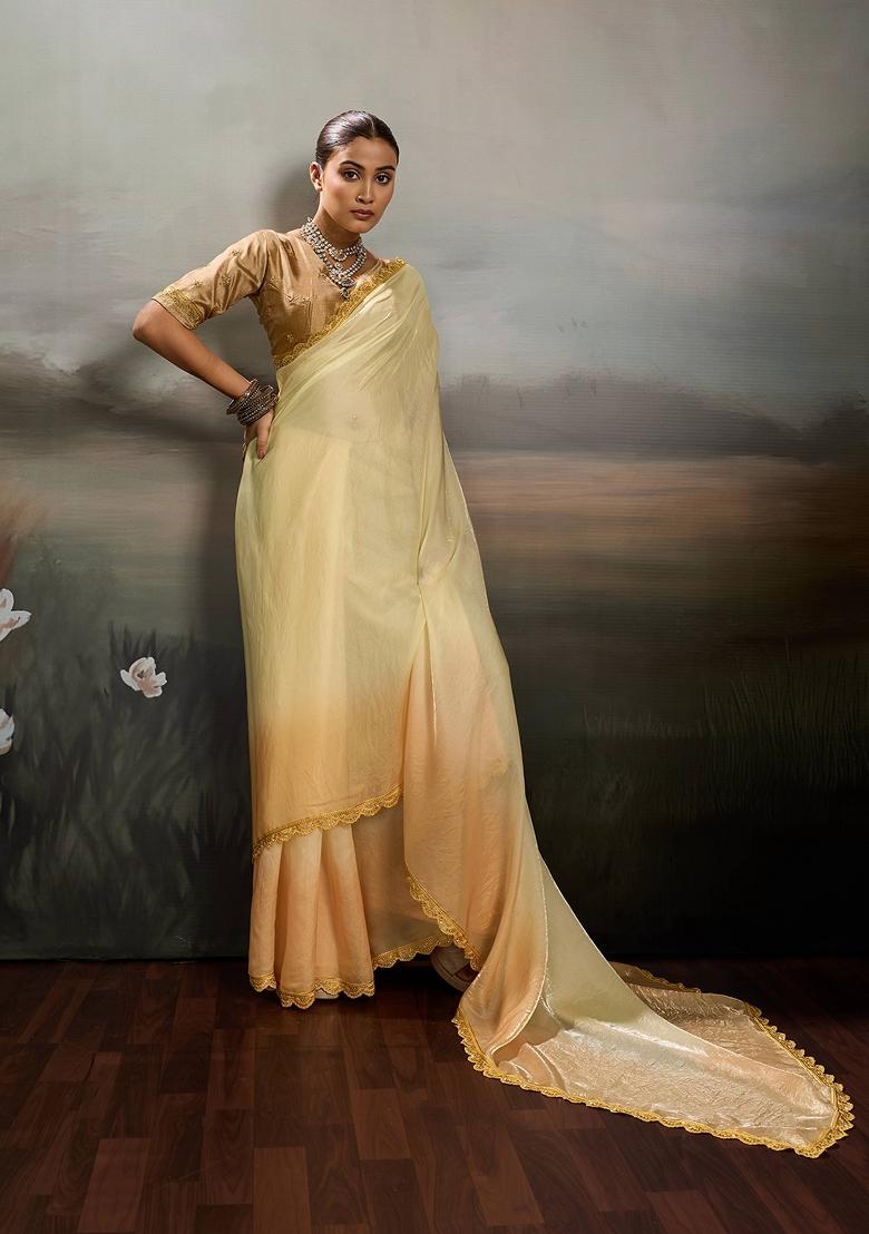 Yellow Embroidery Satin Saree Set - Indya