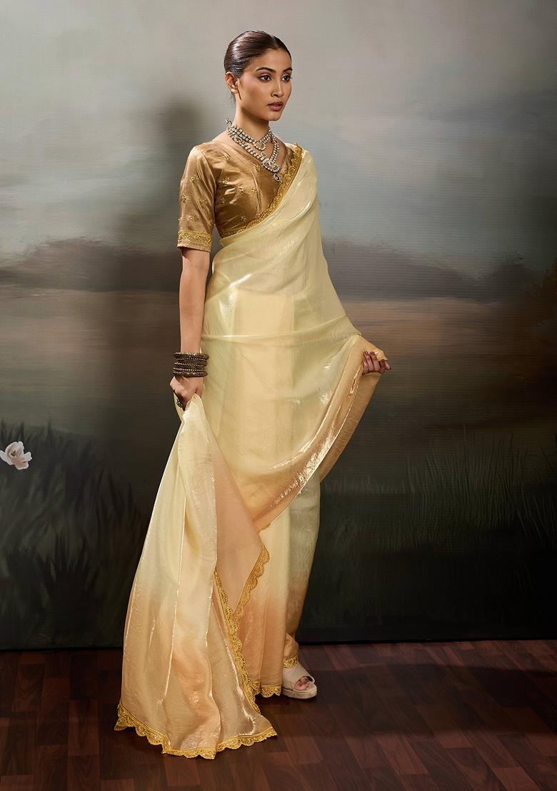 Yellow Embroidery Satin Saree Set - Indya