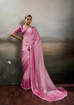 Pink Embroidery Satin Saree Set