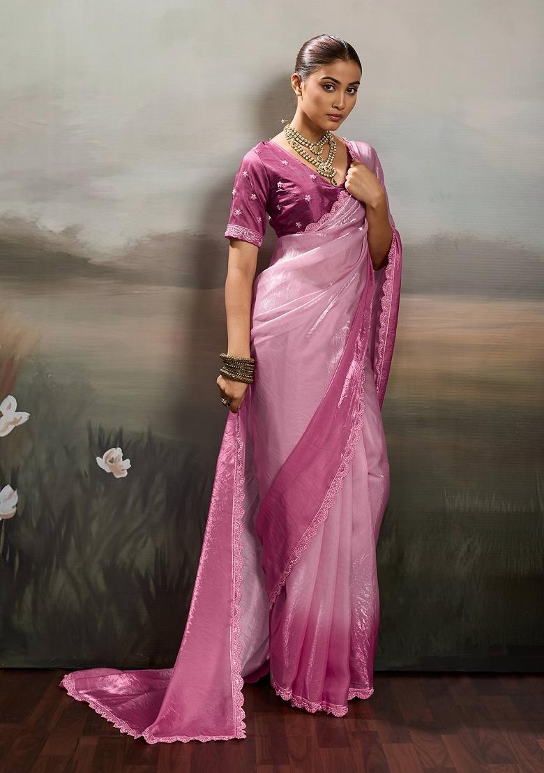 Pink Embroidery Satin Saree Set - Indya