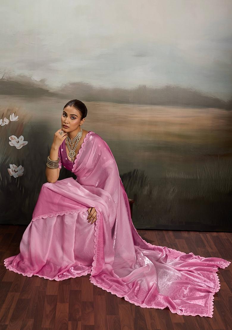 Pink Embroidery Satin Saree Set - Indya