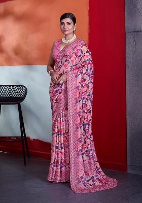 Pink Printed Crepe Saree Set