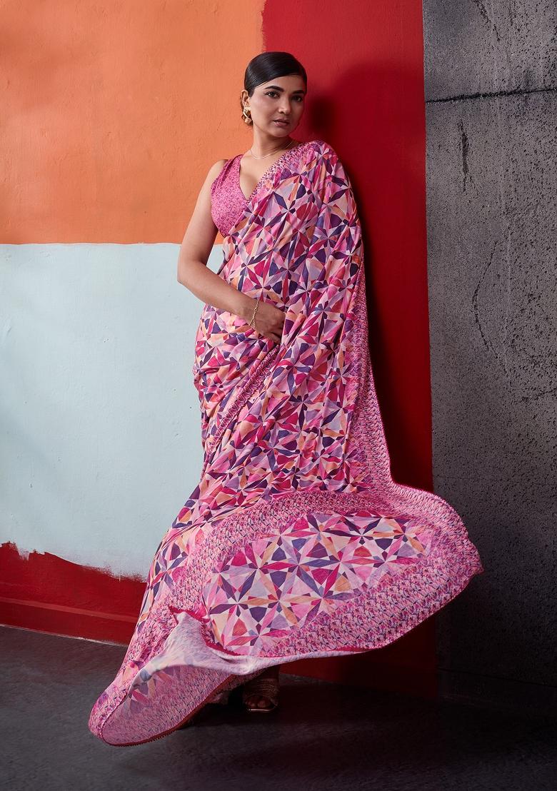 Pink Printed Crepe Saree Set - Indya