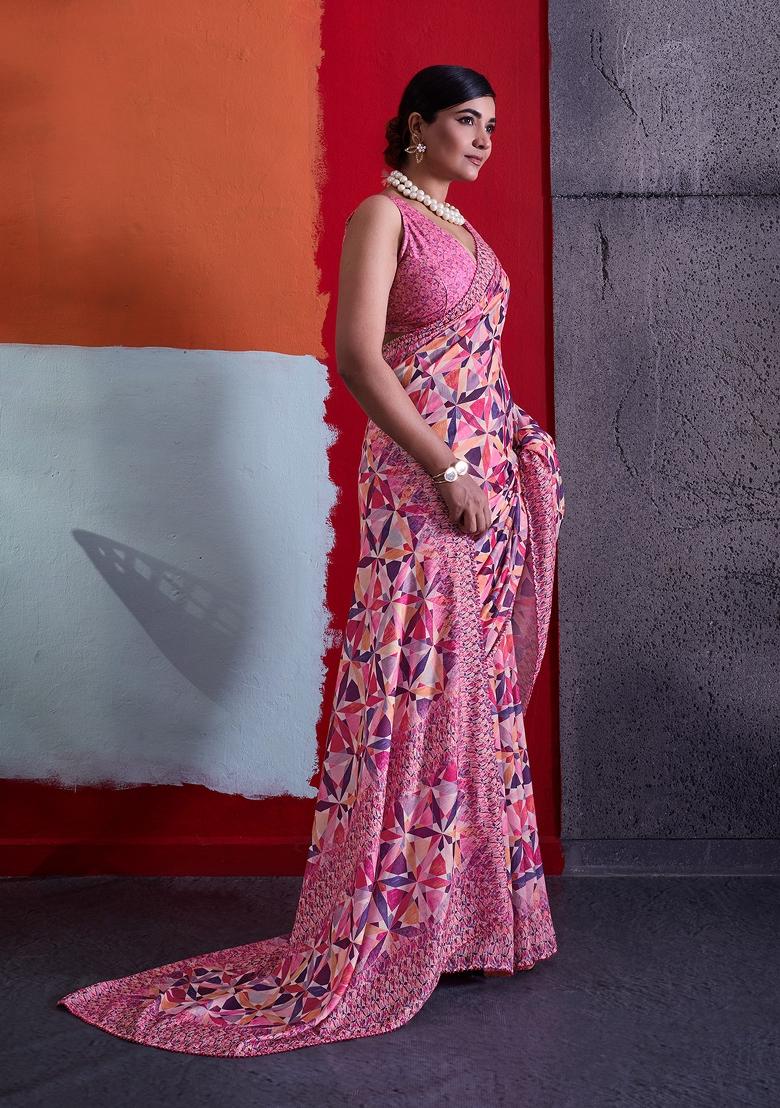 Pink Printed Crepe Saree Set - Indya