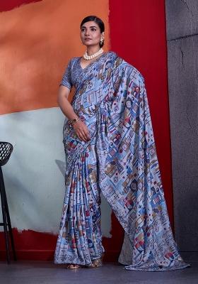 Blue Printed Crepe Saree Set